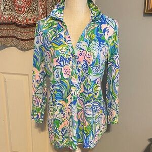 Lilly Pulitzer Printed Button-Front Women's Top in Blue, Pink & Green, Size L